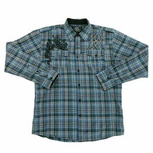 Roar Embroidered Plaid Button Up Shirt Mens Sz Large Blue Roll Up Long Sleeves